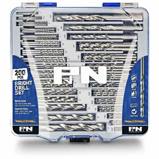 P&N WORKSHOP 1-12MM & 5/64 - 1/2INCH METRIC & IMPERIAL HSS-BRIGHT JOBBER DRILL BIT SET - 200 PIECE 1 P&N WORKSHOP 1-12MM & 5/64 - 1/2INCH METRIC & IMPERIAL HSS-BRIGHT JOBBER DRILL BIT SET - 200 PIECE