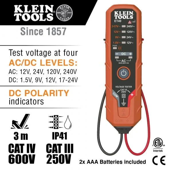 KLEIN Tools A-ET40 Digital AC/DC Voltage Tester 12 To 240V AC, 1.5 To 24V DC 2 KLEIN Tools A-ET40 Digital AC/DC Voltage Tester 12 To 240V AC, 1.5 To 24V DC - Image 2