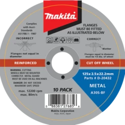 Makita 125mm X 2.5mm X 22.23mm - Metal Cutting Disc A30S - (10Pk) D-20432-10